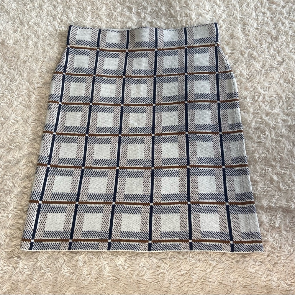 NWT Ann Taylor Cream Navy Plaid Soft Sweater Skirt MP Medium Petite New